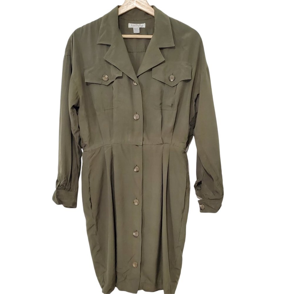 Ann Taylor Size 6 Button Down 100% Silk Olive Green Dres